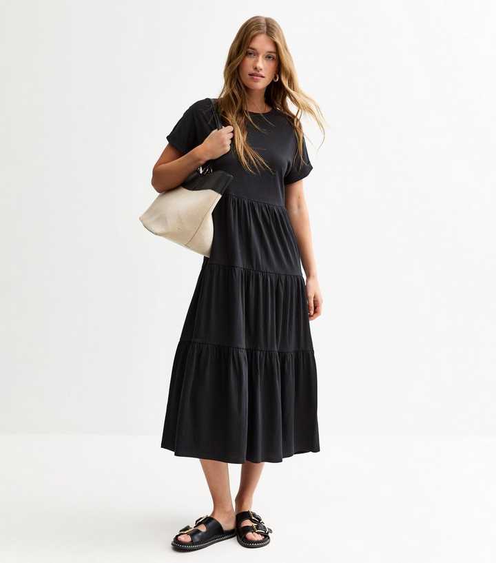 Black Jersey Tiered Skirt Midi Smock Dress