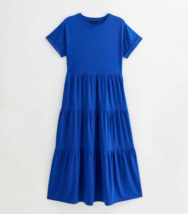Bright Blue Jersey Tiered Skirt Midi Smock Dress | New Look