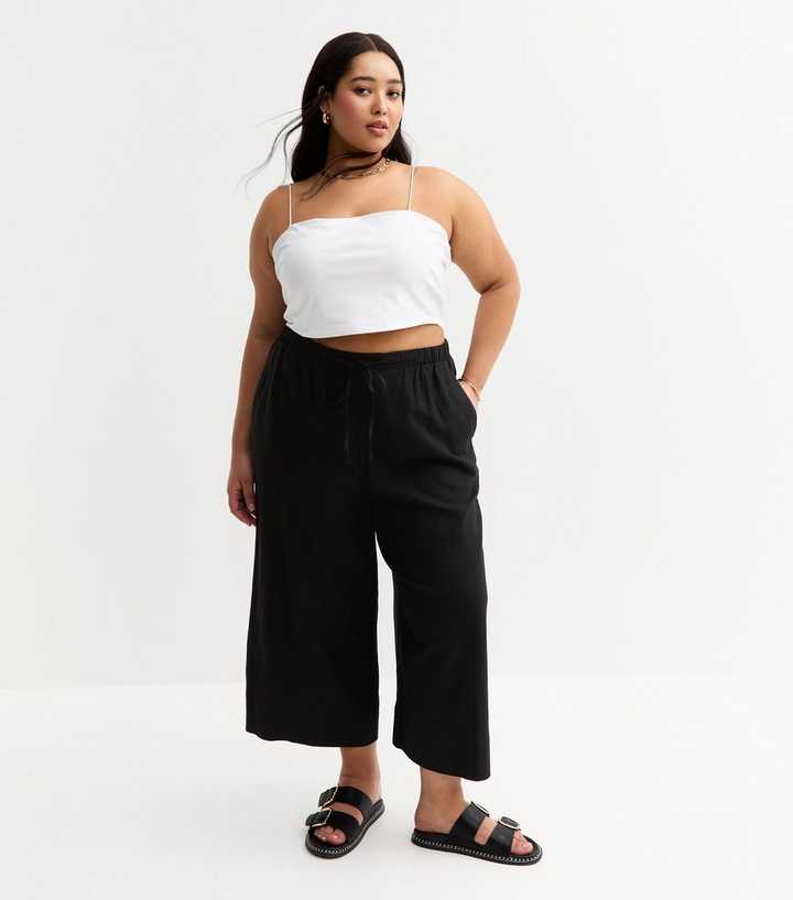 Curves Black Linen Look Wide Leg Cropped Trousers