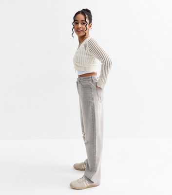 Girls Grey Ripped Wide Leg Jeans