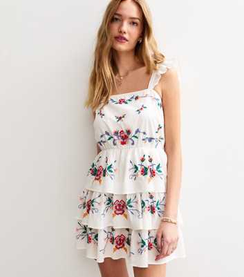 White Tiered Floral Embroidered Mini Dress