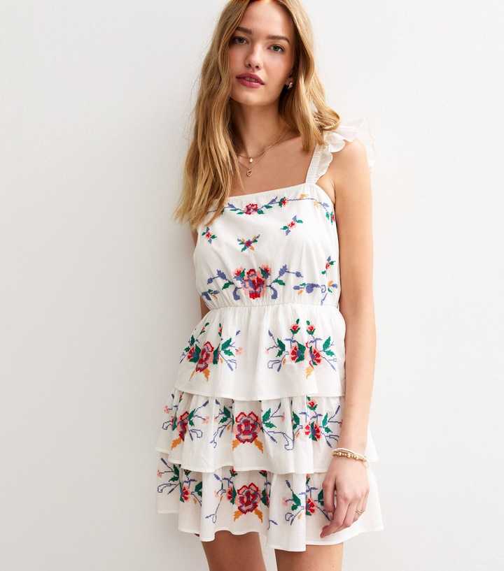White Tiered Floral Embroidered Mini Dress