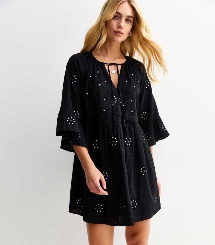 Black Embellished Tie Neck Mini Smock Dress