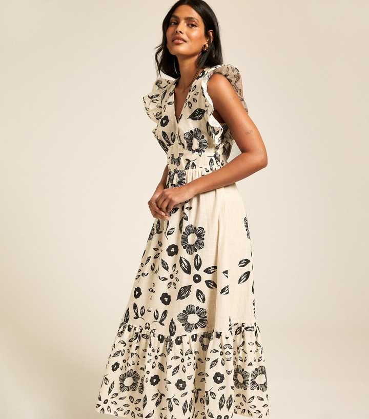 Cream Floral Print Frill Sleeve Midi Dress