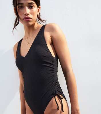 Black Ruched Side V-Neck Swimsuit