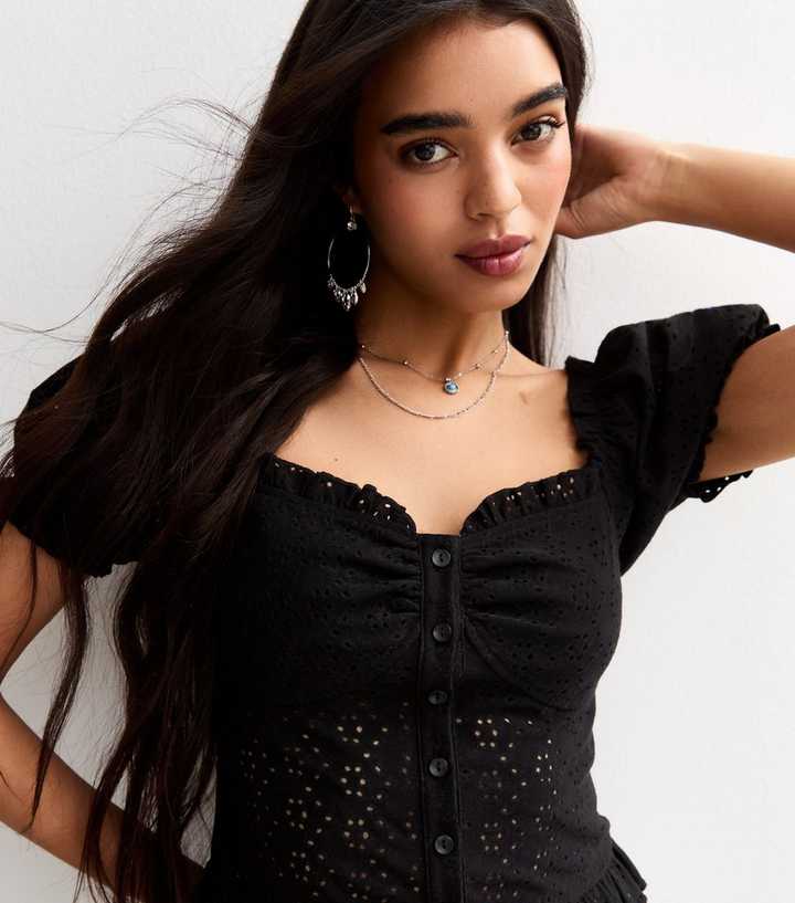 Black Broderie Anglaise Puff Sleeve Top