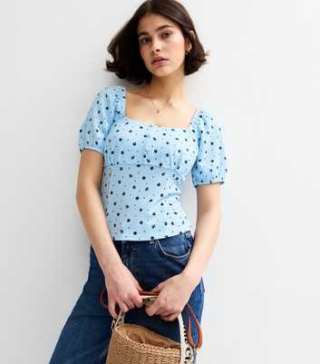 Blue Crinkled Jersey Floral Print Top
