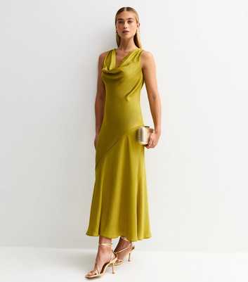 Green Satin Cowl Neck Midaxi Dress