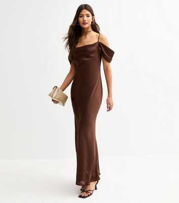 Dark Brown Satin Bardot Midaxi Dress