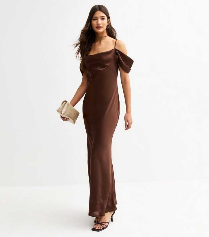 bardot brown dress Mesh Bardot Layered Maxi Dress – IULOVER main image 1