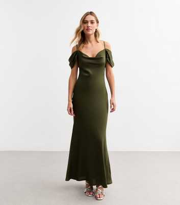 Khaki Satin Bardot Midi Dress