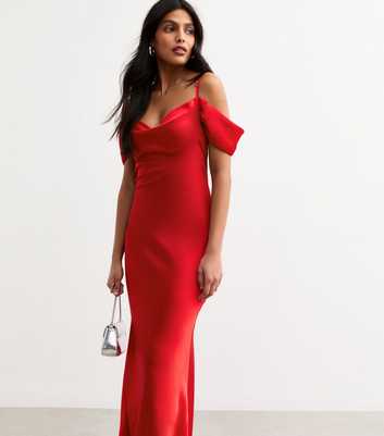 Red Satin Bardot Midi Dress