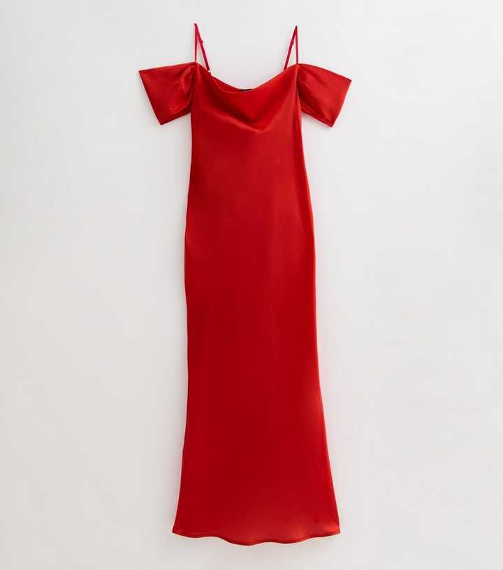 Red Satin Bardot Midi Dress | New Look