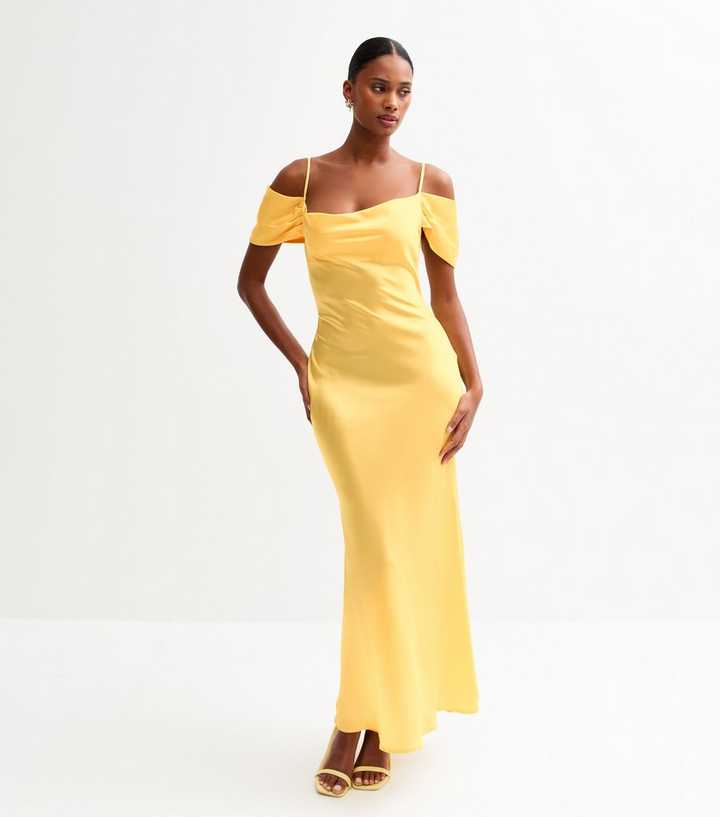 Light Yellow Bardot Satin Maxi Dress
