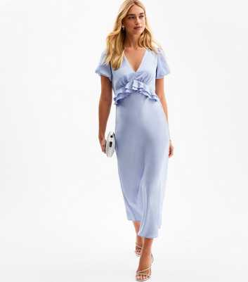Blue V-Neck Satin Ruffled Midi Dress