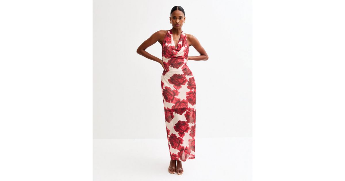 Red Rose Print Halterneck Mesh Midi Dress | New Look