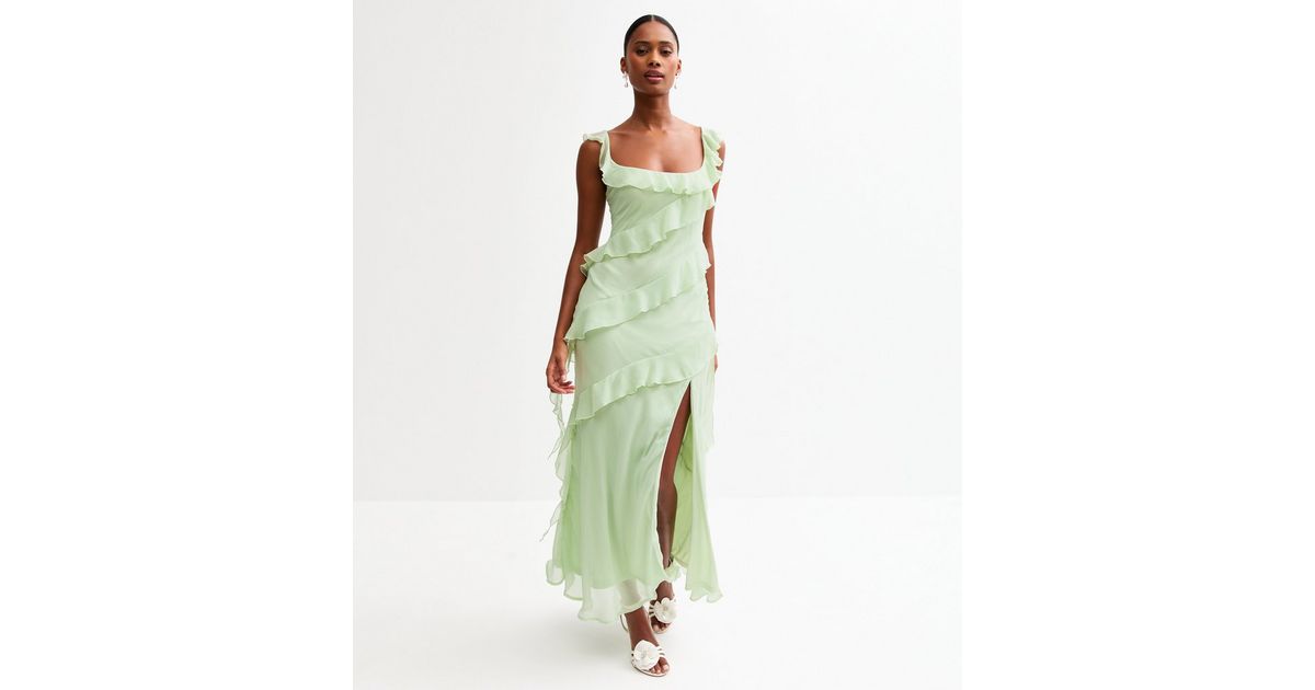 Light Green Asymmetric Ruffled Slit Hem Chiffon Midi Dress | New Look