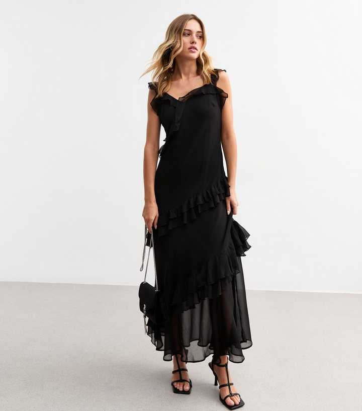 Black Asymmetric Ruffle Trim Midi Dress | New Look Black Asymmetric Ruffle Trim Midi Dress | New Look