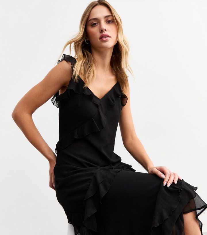 Black Asymmetric Ruffle Trim Midi Dress