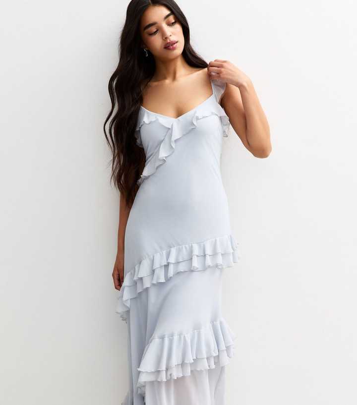 Light Blue Asymmetric Ruffle Trim Chiffon Midi Dress | New Look
