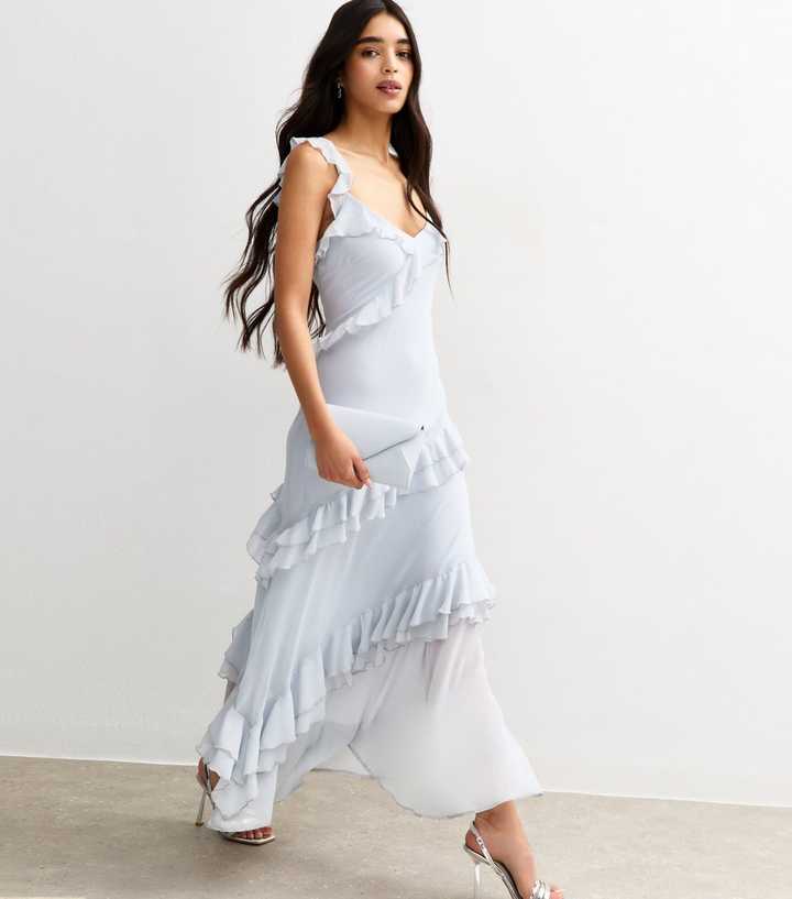 pale blue chiffon trimmed dress Light Asymmetric Ruffle Trim Midi tulle wedding dresses textural finish throughout the Divided Size 6 H&M Color:yellow floral