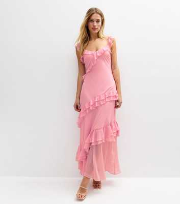 Pink Asymmetric Ruffle Trim Midi Dress