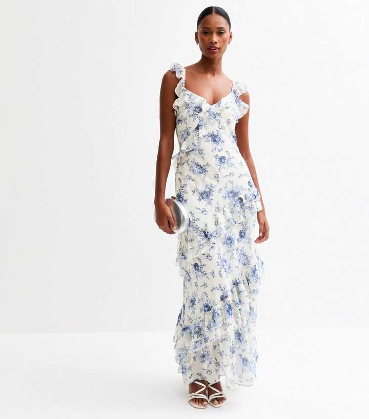 Blue Floral Print Ruffle Trim Midi Dress | New Look Blue Floral Print Ruffle Trim Midi Dress | New Look