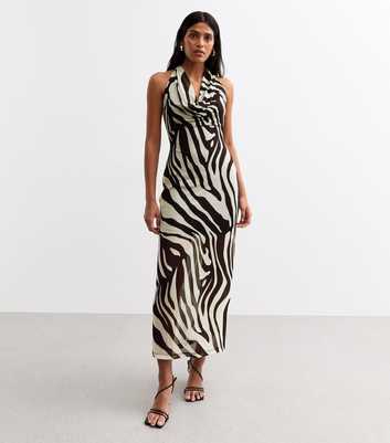 Black Zebra Print Halterneck Mesh Midi Dress