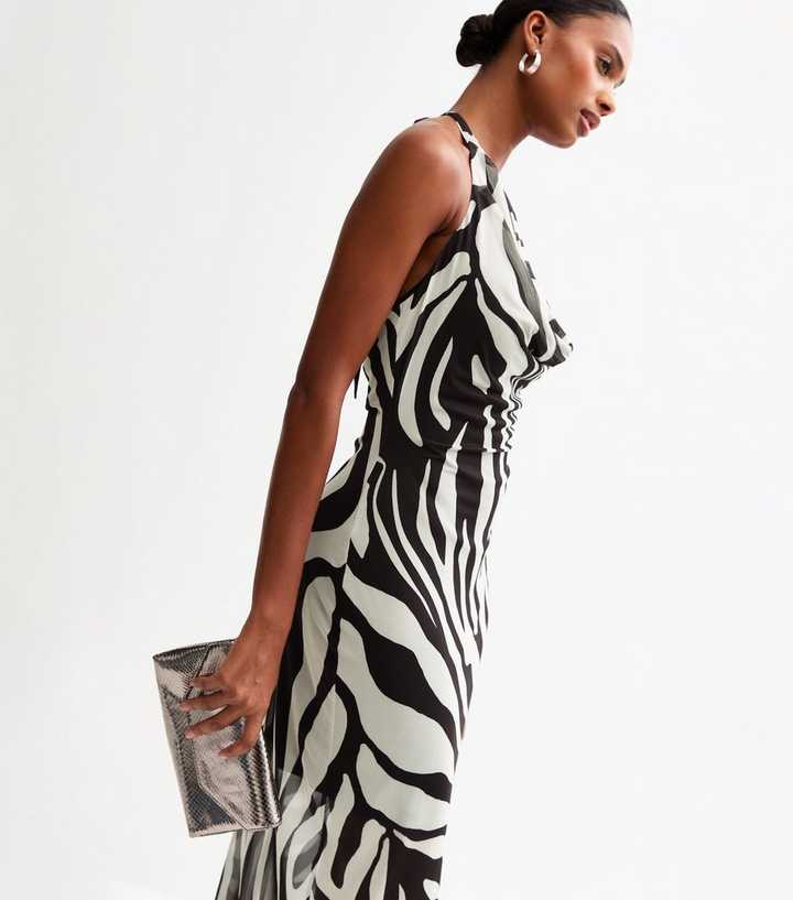 Black Zebra Print Halterneck Mesh Midi Dress