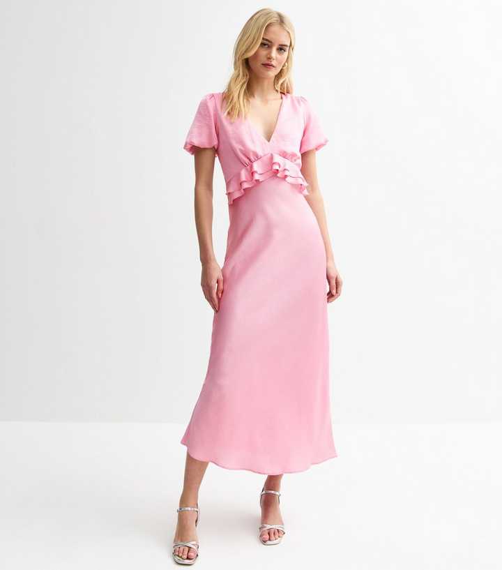 new look pink satin dress Tall Light Pink Satin Empire Line Ruffle Trim Midi Dress