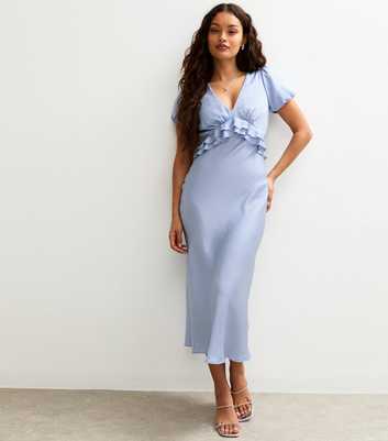 Petite Blue Satin Ruffle Trim Midi Dress