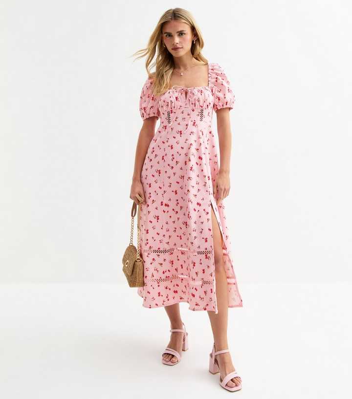 Petite Pink Floral Print Milkmaid Midi Dress