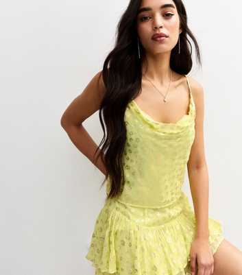 Bright Yellow Metallic Jacquard Cowl Neck Cami Top