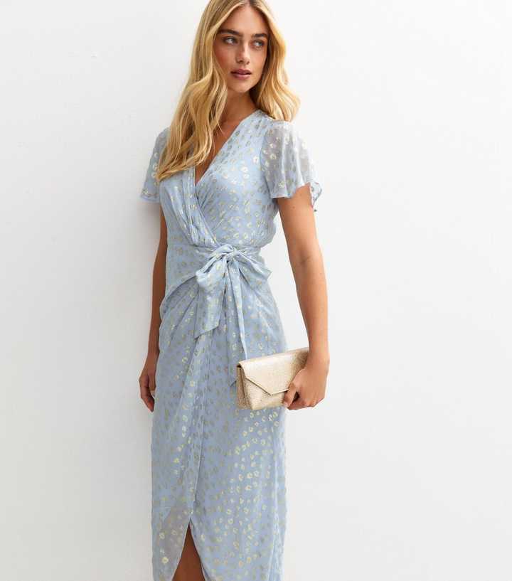 Light Blue Jacquard Wrap Midi Dress