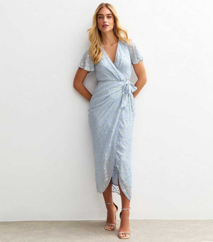 Light Blue Jacquard Wrap Midi Dress