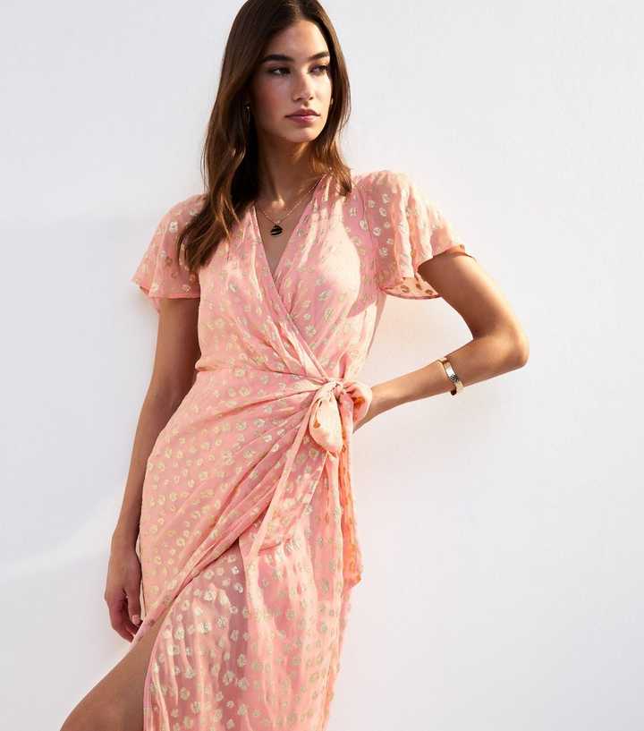 Pink Jacquard Wrap Midi Dress