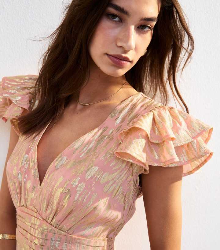Pink Jacquard Frill Sleeve Empire Line Midi Dress | New Look Pink Jacquard Frill Sleeve Empire Line Midi Dress | New Look