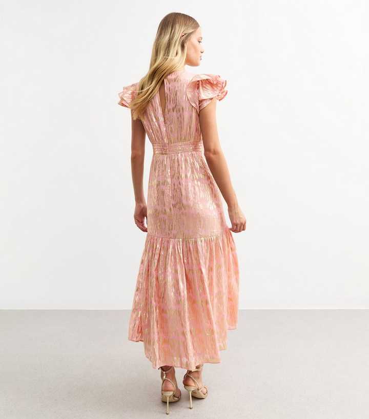 Pink Jacquard Frill Sleeve Empire Line Midi Dress | New Look