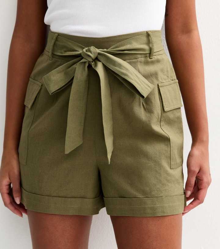 Khaki Utility Shorts Womens Khaki Tie Waist Utility Shorts New Look