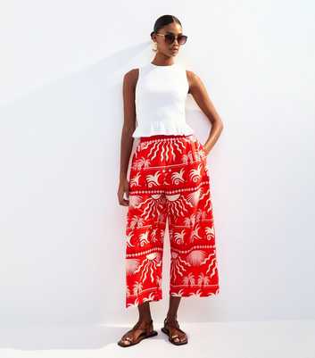 Red Lightweight Sun Palm Tree Print Crop Trousers