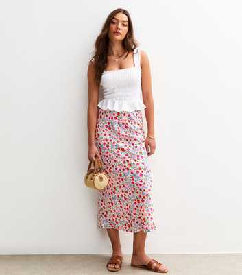 White Fruit and Floral Print Satin Midi Skirt