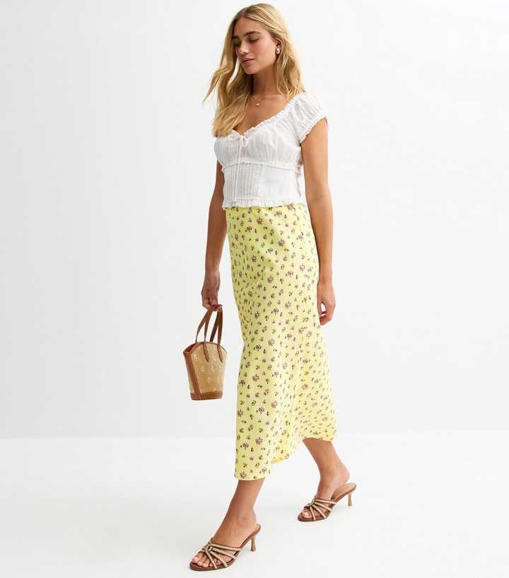 Jupe En Soie Banana Republic Taille 0 Petite - Motif Floral Jaune - Longueur Genou - Occasion Très Bon état