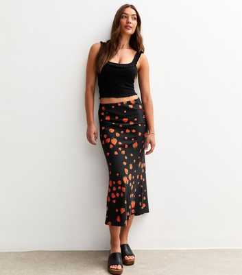 Black Strawberry Print Satin Midi Skirt