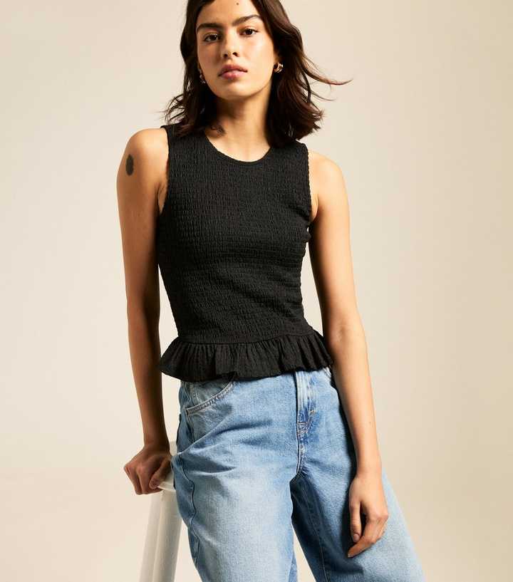 Top Rayé Noir & Beige New Look - Col V, Style Peplum & Wrap - Taille 10 UK - Occasion Très Bon État