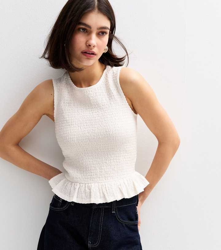 White Shirred Peplum Hem Top