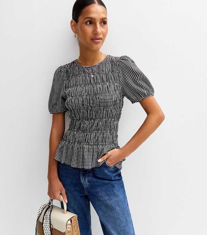 Black Jersey Gingham Checked Shirred Tiered Peplum Top