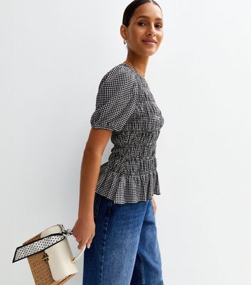 Black Jersey Gingham Checked Shirred Tiered Peplum Top | New Look