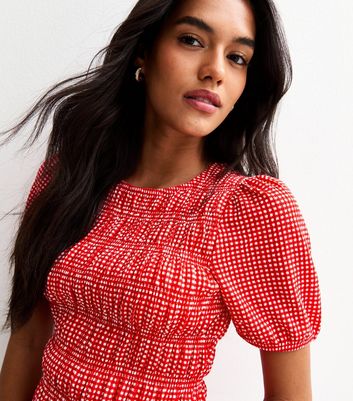 Red Jersey Gingham Checked Shirred Tiered Peplum Top | New Look