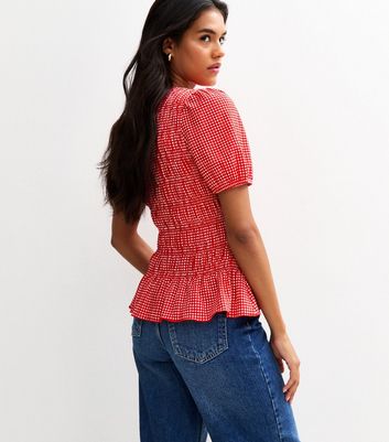Red Jersey Gingham Checked Shirred Tiered Peplum Top | New Look