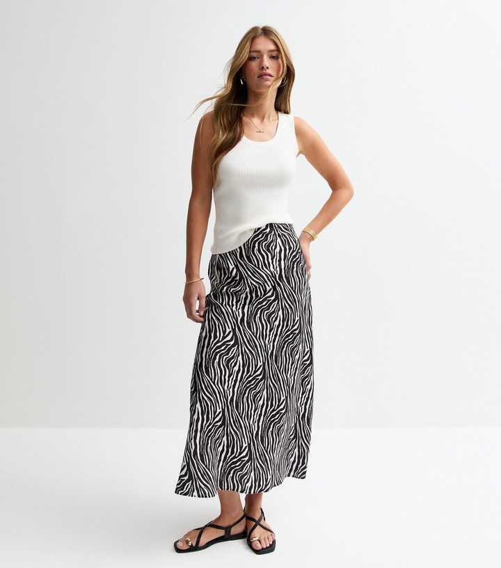 Black Zebra Print Bias Cut Satin Skirt